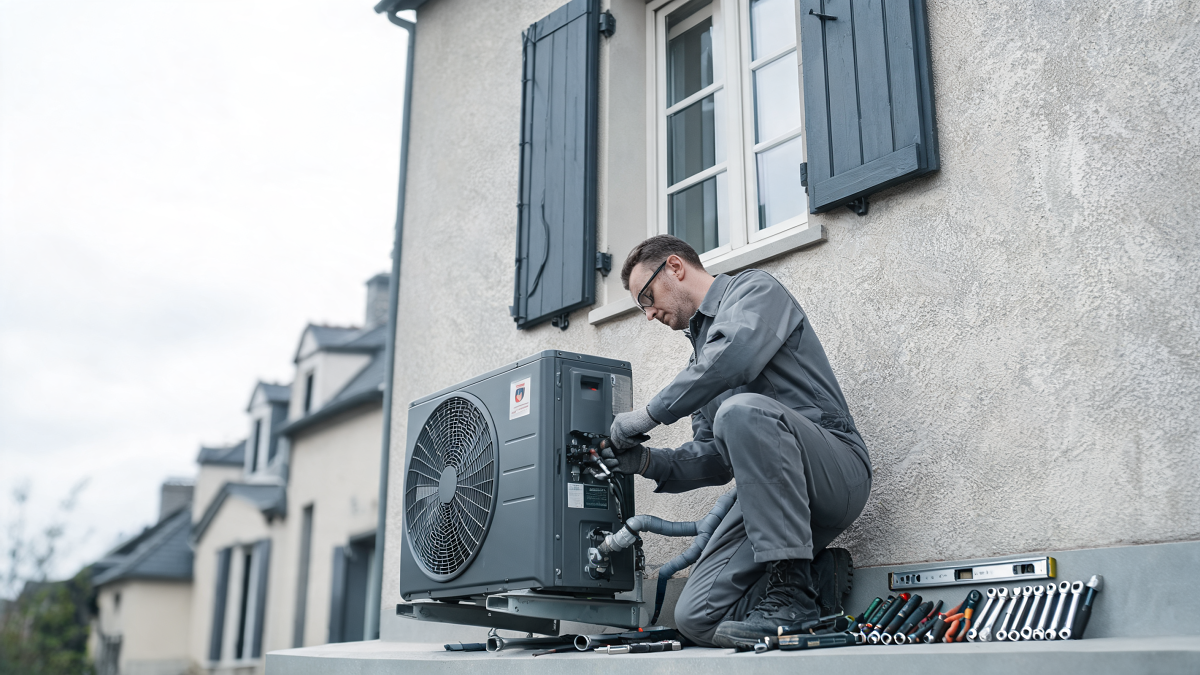 Technicien installant une pompe à chaleur air-eau sur le mur d'une maison