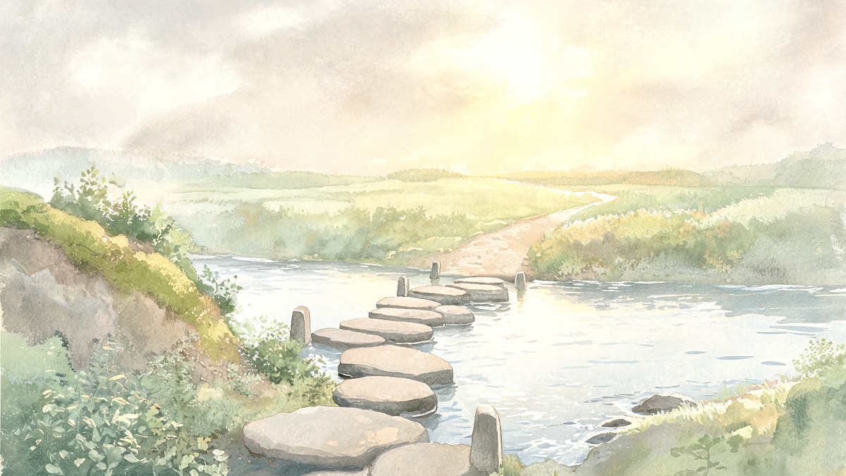 Chemin de pierres de gué vers un horizon lumineux symbolisant une transition par étapes, illustration aquarelle