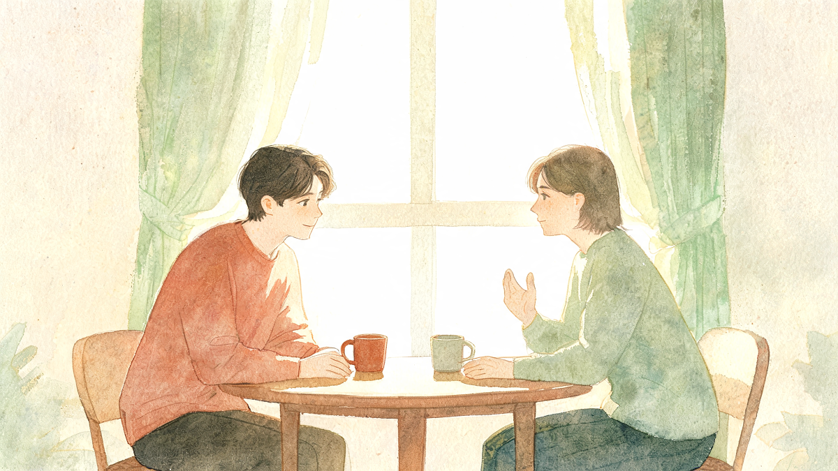 Illustration aquarelle, deux adultes en conversation d'accompagnement bienveillante