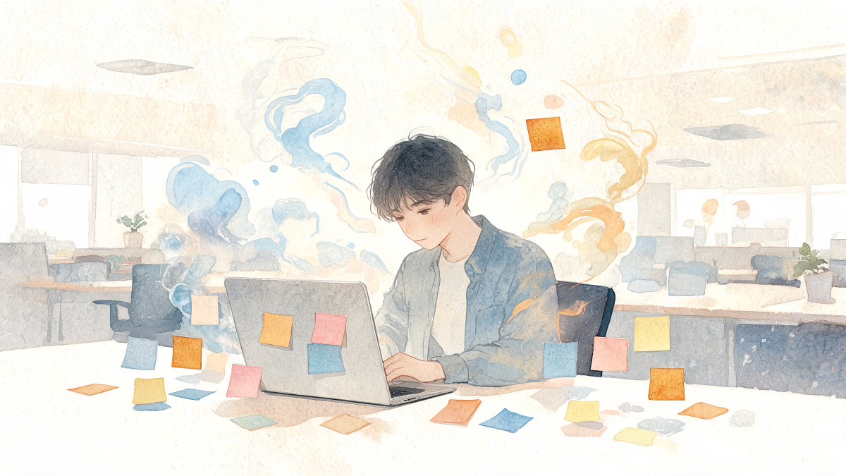 Illustration aquarelle, personne à un bureau entourée de notes évoquant des pensées dispersées