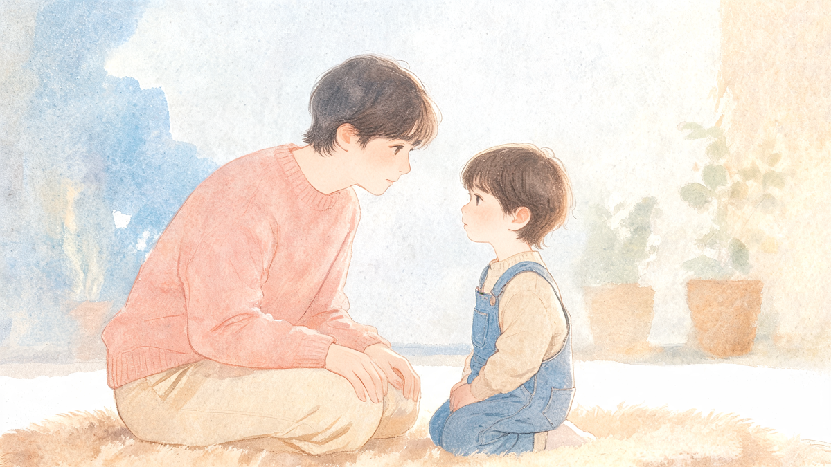 Illustration aquarelle d'un adulte à l'écoute d'un enfant, soutien émotionnel bienveillant