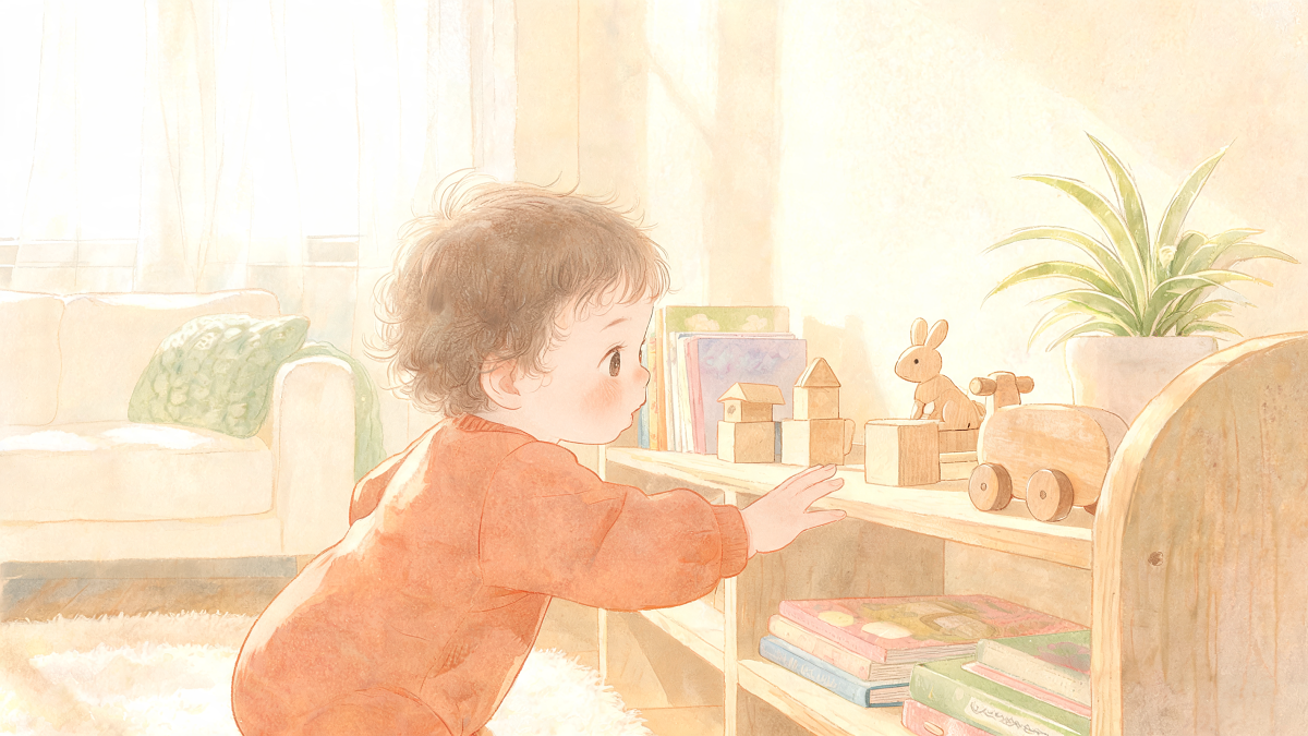 Illustration aquarelle d'un tout-petit qui explore son environnement par le jeu, repères du développement