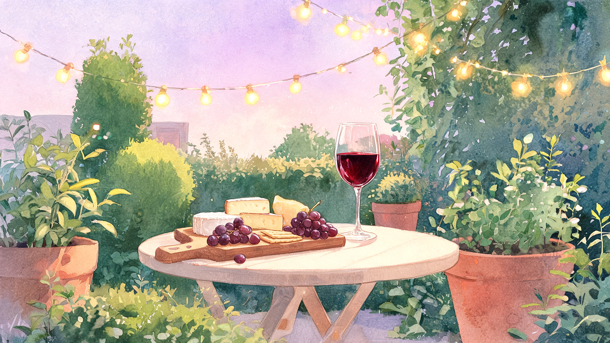 A cheese board and a glass of red wine on a bistro table in a green garden courtyard at dusk in Tel Aviv