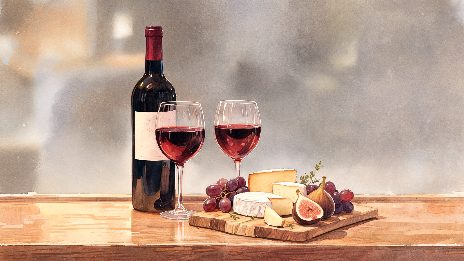 A kosher wine and cheese board with an Israeli red beside two glasses in a Tel Aviv wine bar