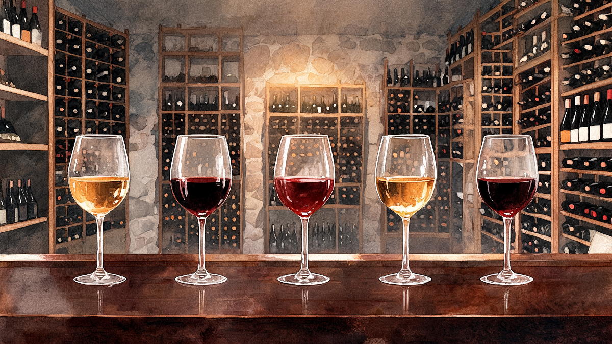 A tasting flight of Israeli wine glasses on a dark wooden counter in an underground Tel Aviv wine cellar
