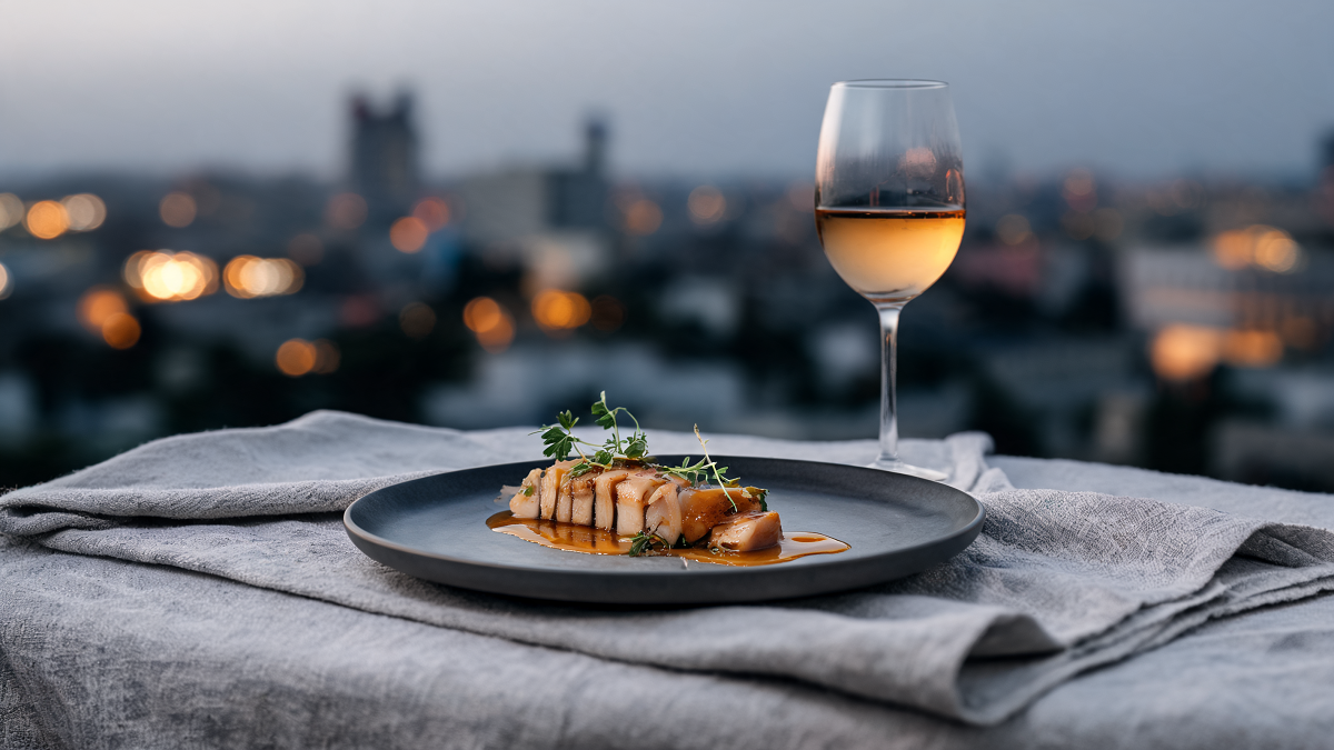 A plated kosher fine-dining course with a glass of Israeli wine at a Tel Aviv restaurant at dusk