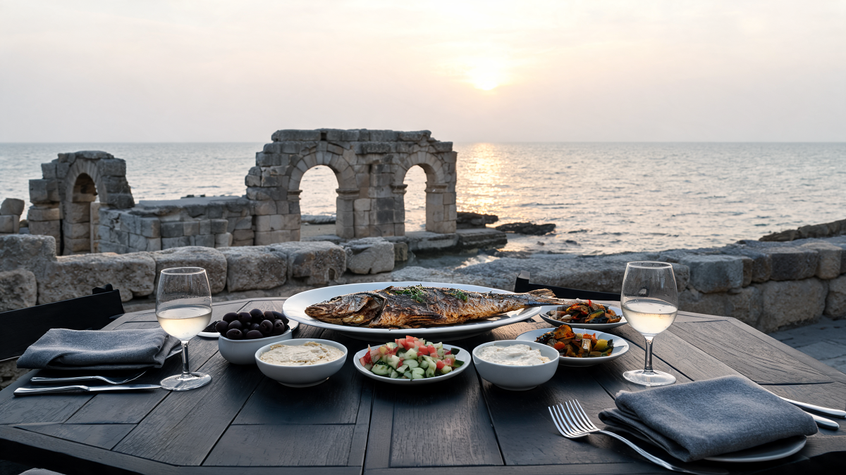 A seaside kosher table beside the Roman harbour at Caesarea Port in late afternoon light