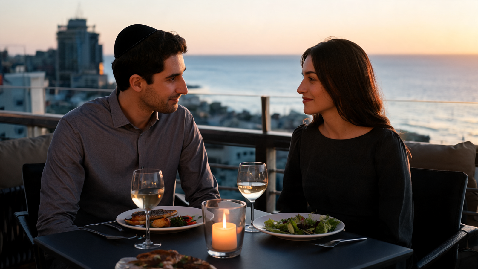 An observant couple at a candlelit kosher dinner on a Tel Aviv rooftop overlooking the Mediterranean at golden hour