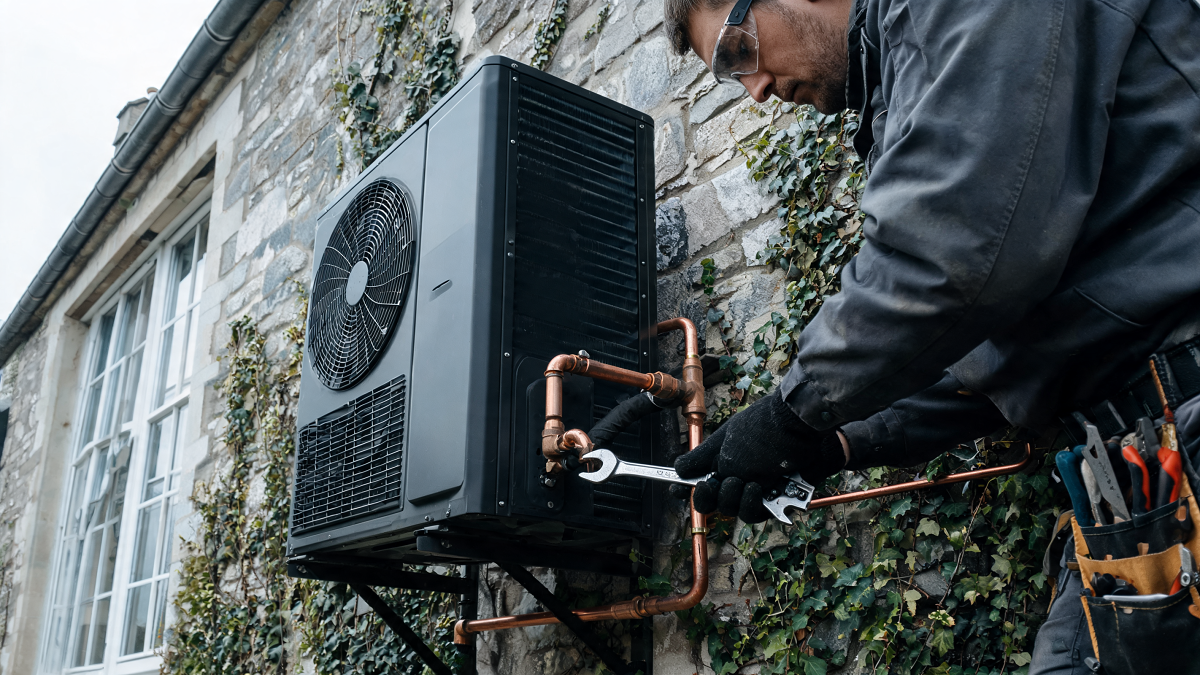 Technicien installant une pompe à chaleur air-eau sur le mur extérieur d'une maison en rénovation énergétique