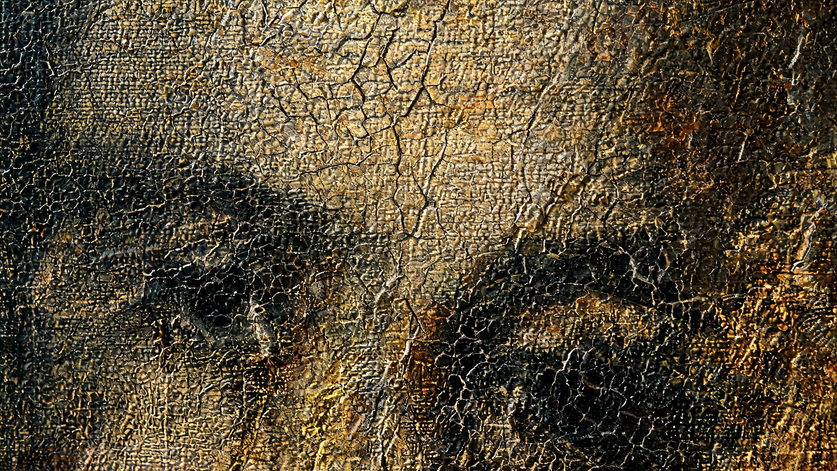 Macro detail of an aged oil painting surface showing an even craquelure crack network and canvas weave