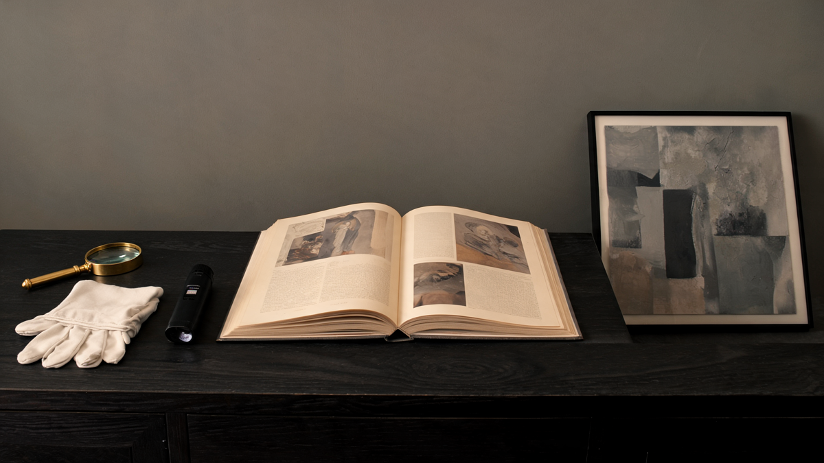 Bureau d'expertise avec catalogue raisonné ouvert, loupe en laiton et lampe à ultraviolets