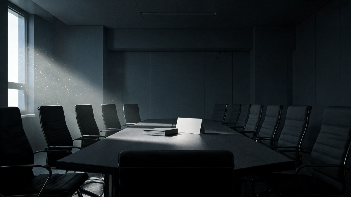 A deserted committee boardroom with empty chairs and a closed dossier under cold light