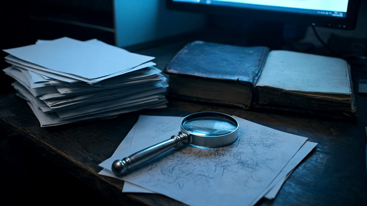 A desk of official-looking but blank provenance documents lit by the glow of a screen