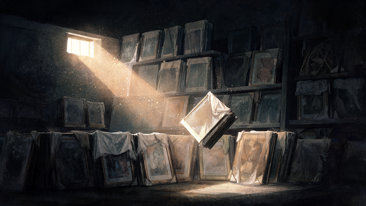 Watercolour of veiled, cloth-wrapped framed artworks in a dim storeroom, evoking a generation of overlooked women Surrealists