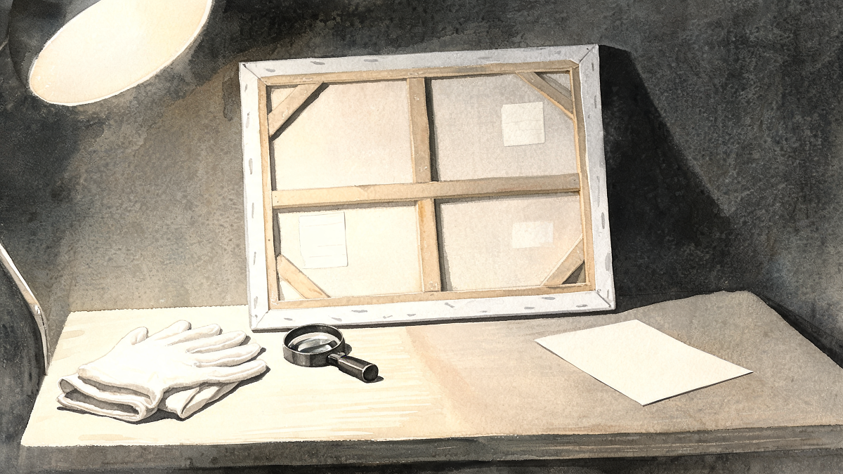 Watercolour of a connoisseur's desk with a loupe, white gloves and a condition report, evoking provenance and condition due diligence