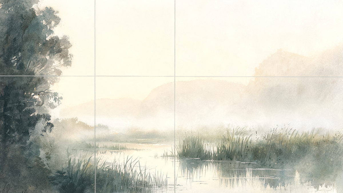 A canvas divided by a faint rule of thirds grid with the subject off centre and a dark repoussoir at the left edge
