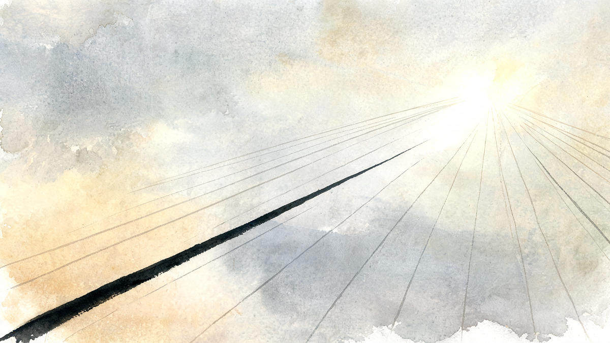 Abstract composition built on a strong diagonal leading line converging on a bright focal point