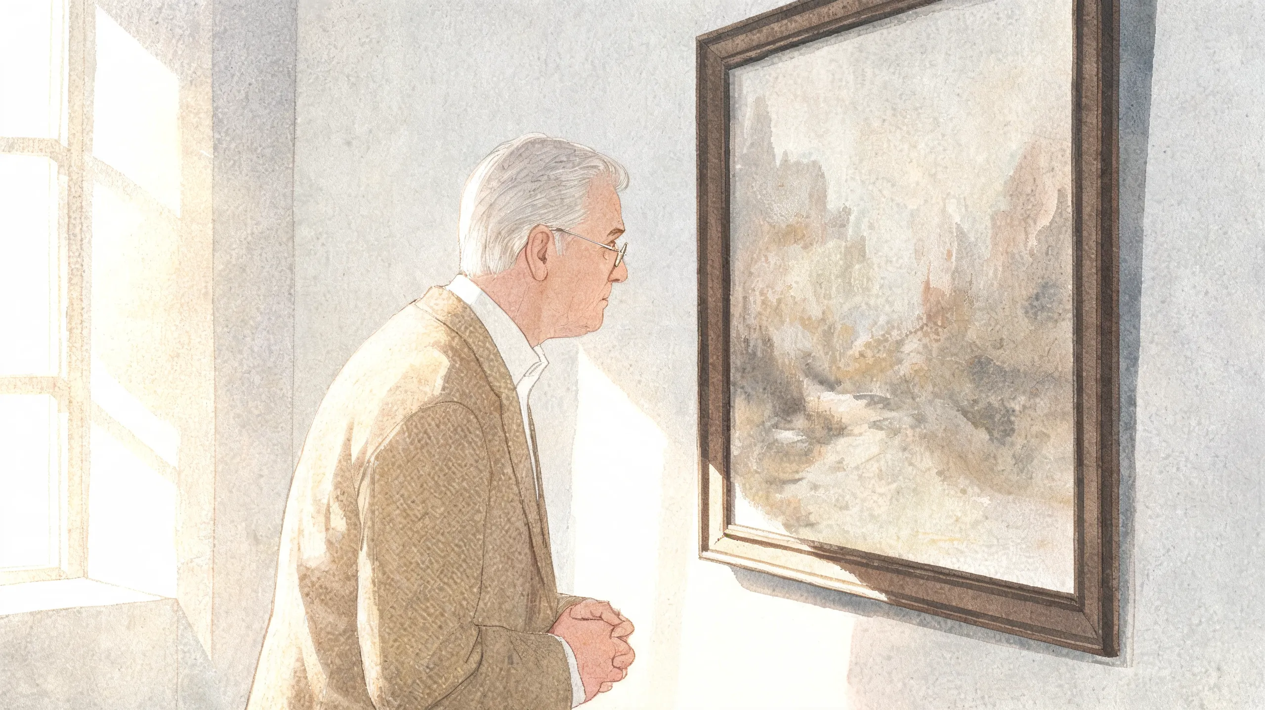 Un collectionneur observe de près un tableau encadré dans une galerie épurée