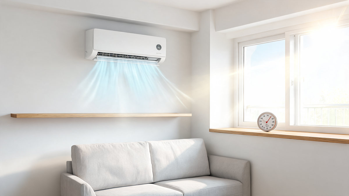 Unité intérieure murale de climatisation réversible dans un salon lumineux en été
