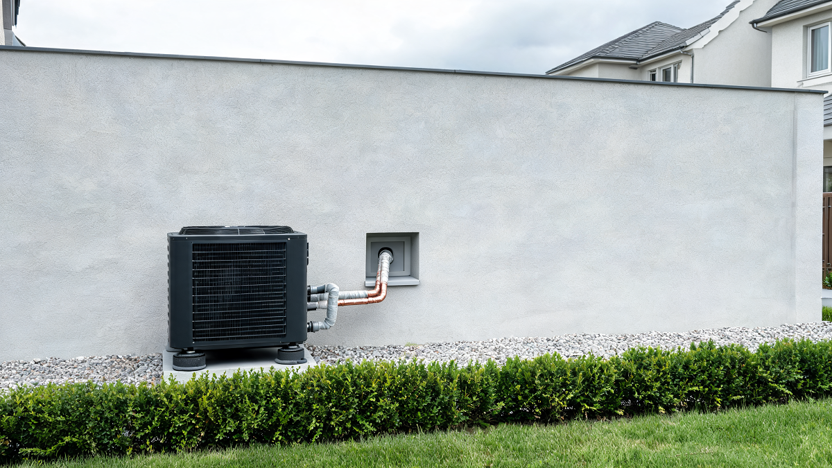 Unité extérieure de pompe à chaleur air/air posée sur plots antivibratiles contre une façade enduite