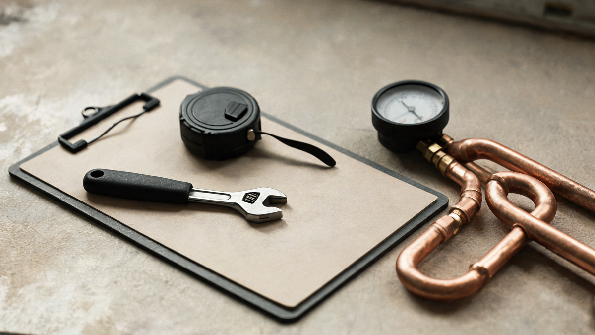 Outils de mesure et tuyauterie cuivre d'une pompe à chaleur sur un établi d'installateur
