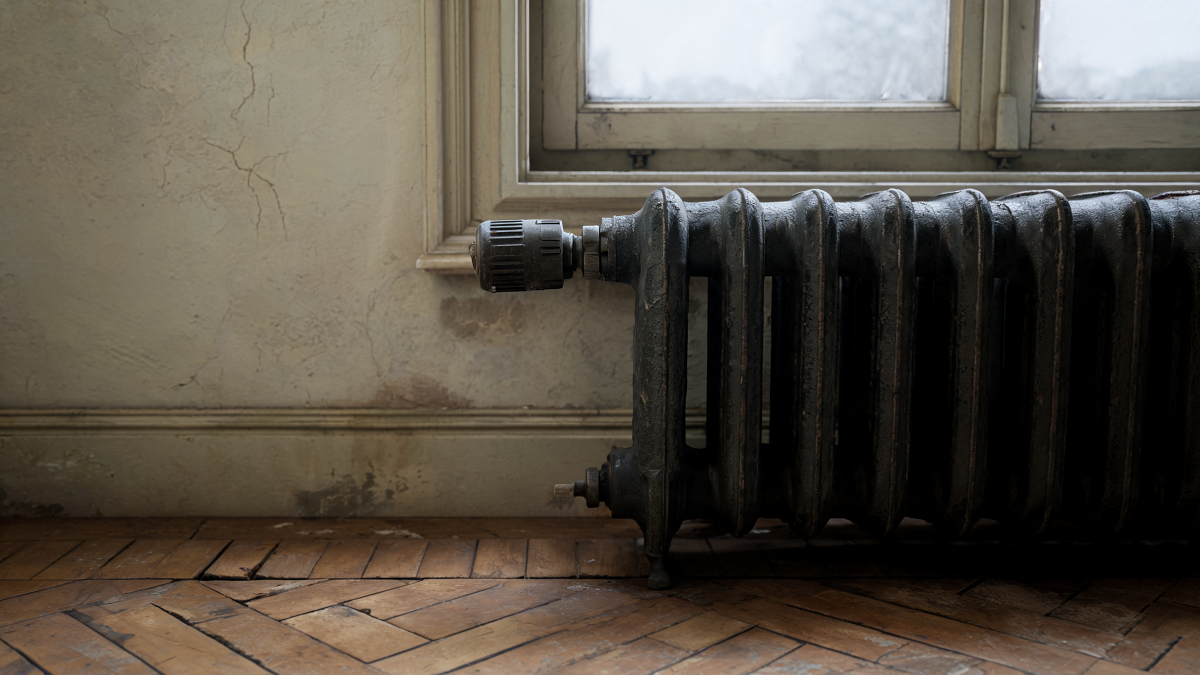 Radiateur en fonte haute température sous une fenêtre simple vitrage dans une maison ancienne mal isolée