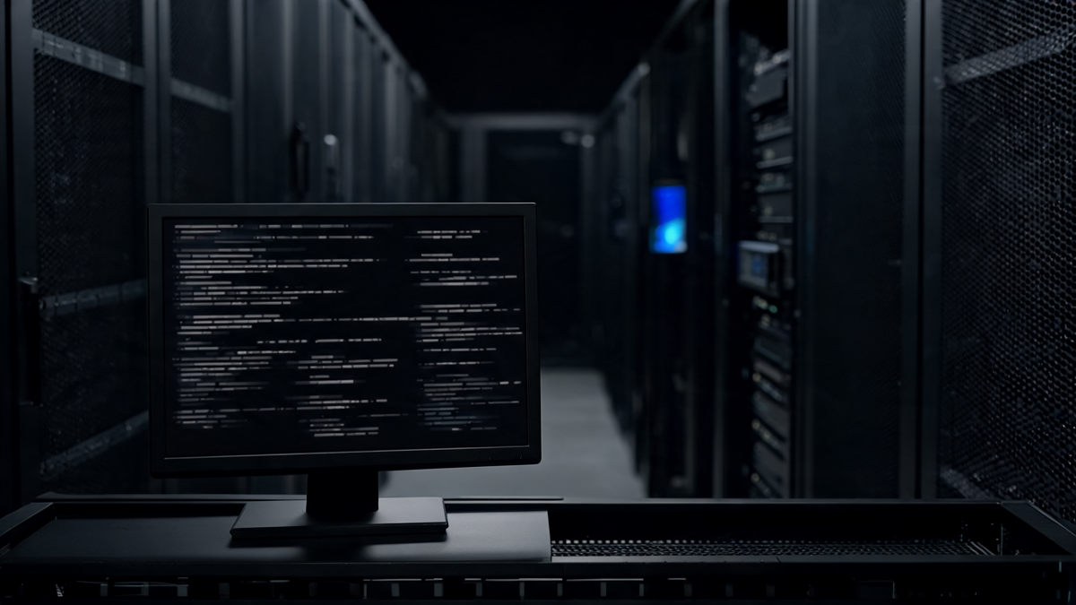 A dim server aisle with one monitor showing an abstract stream of access log lines