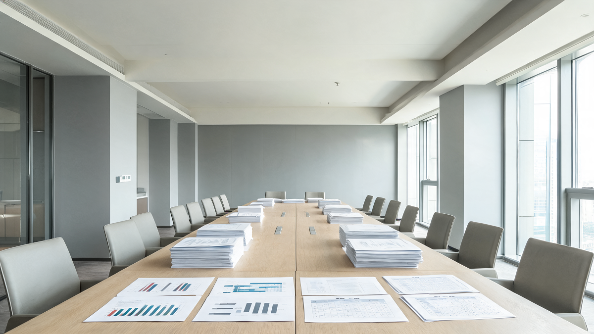 Salle d'assemblée générale de copropriété préparée avec les rapports d'audit énergétique