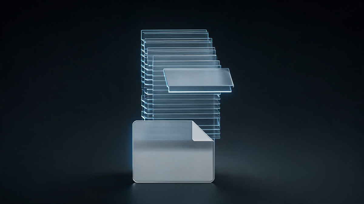 A text file resting beneath layered glass sheets representing a site hierarchy, one sheet shifted out of alignment