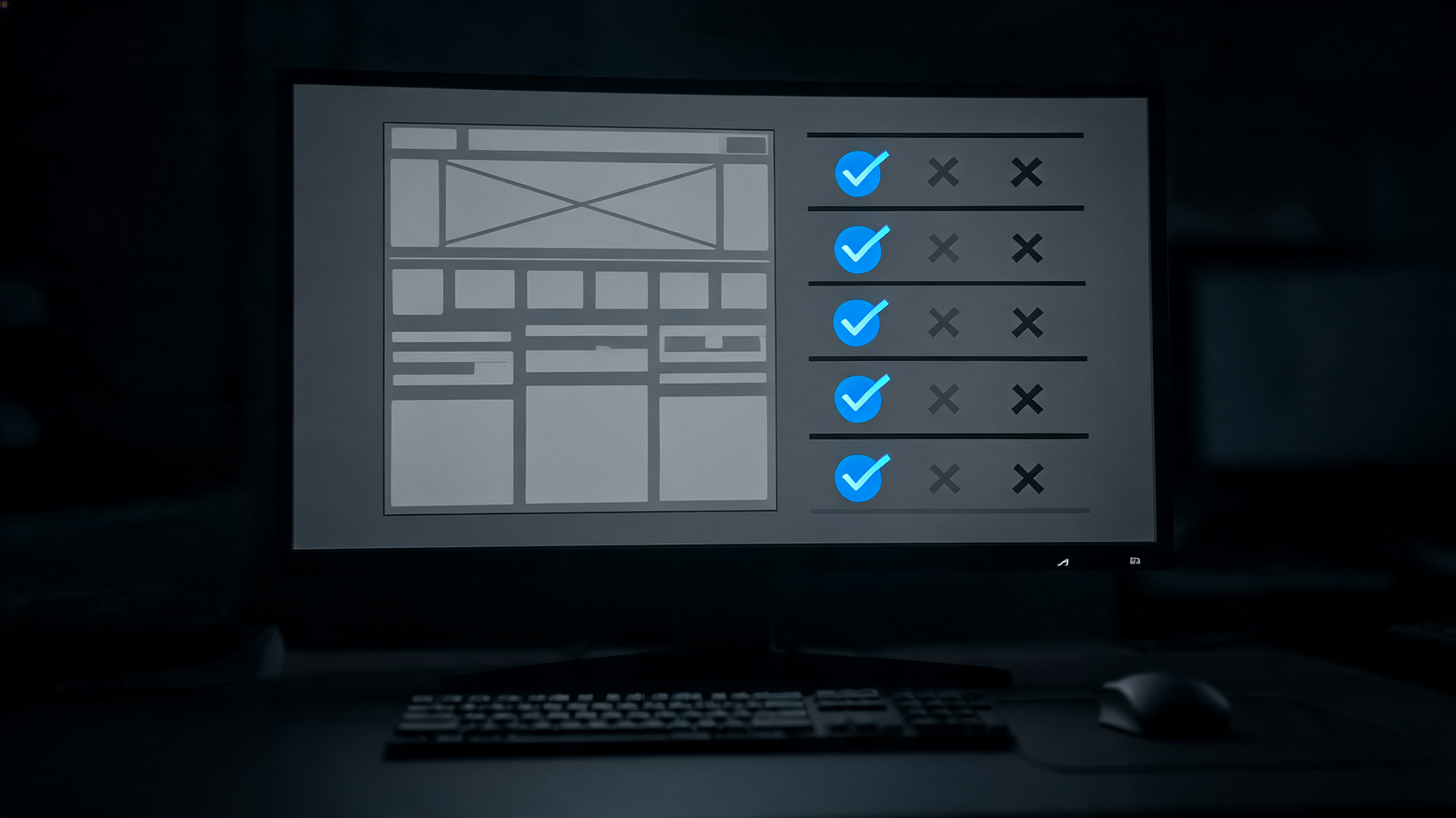 A developer workstation showing a browser audit panel with pass and fail indicators for agent readiness