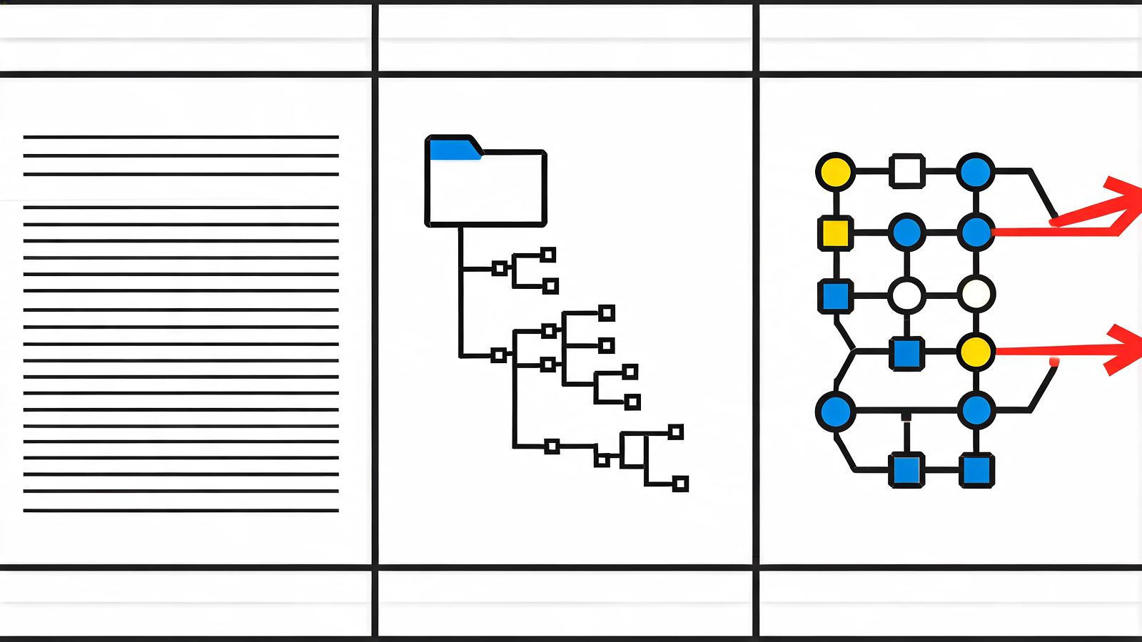 Bauhaus illustration comparing three agent-facing artefacts: a site file, a repository file and page code