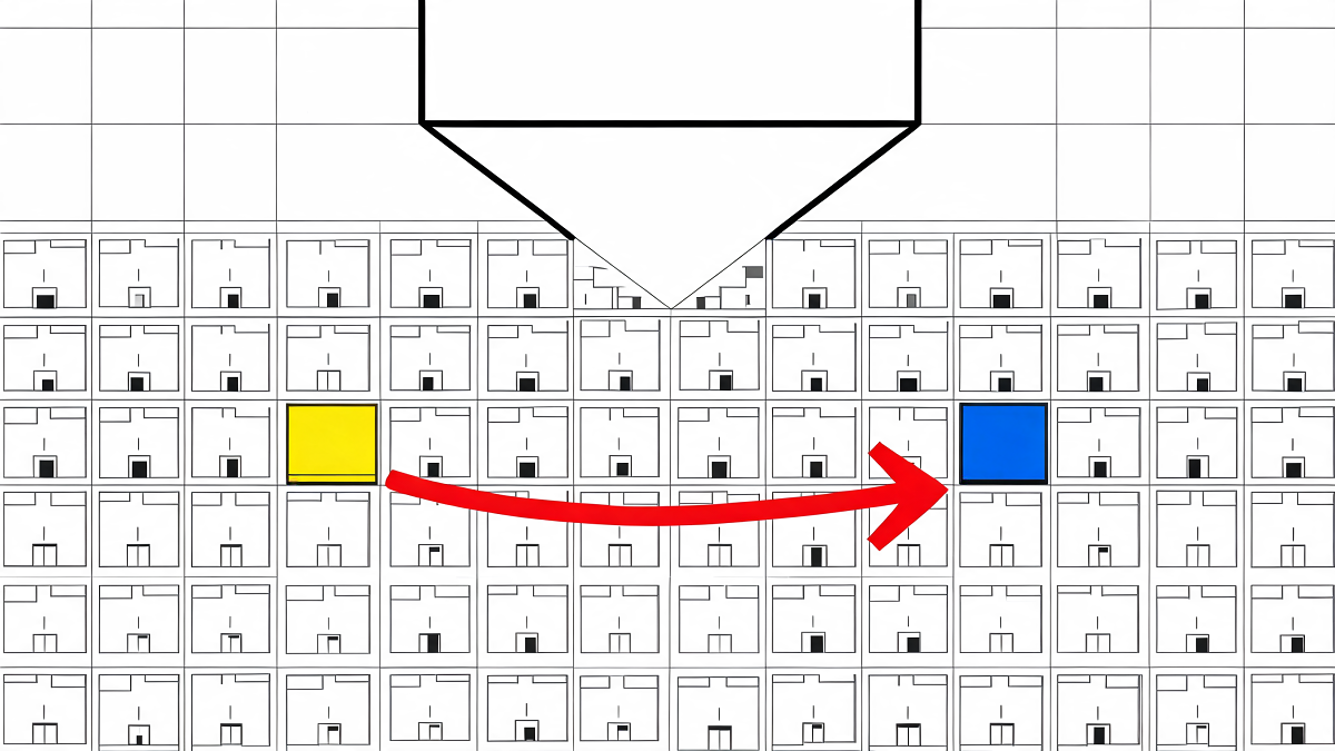 Bauhaus illustration of one platform default cascading into many identical storefronts, with one route redirected
