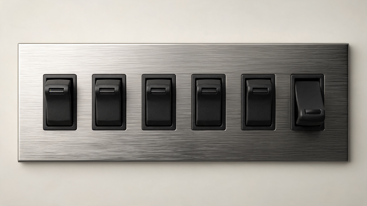 Six identical black rocker switches on a steel panel, five aligned and one flipped the other way