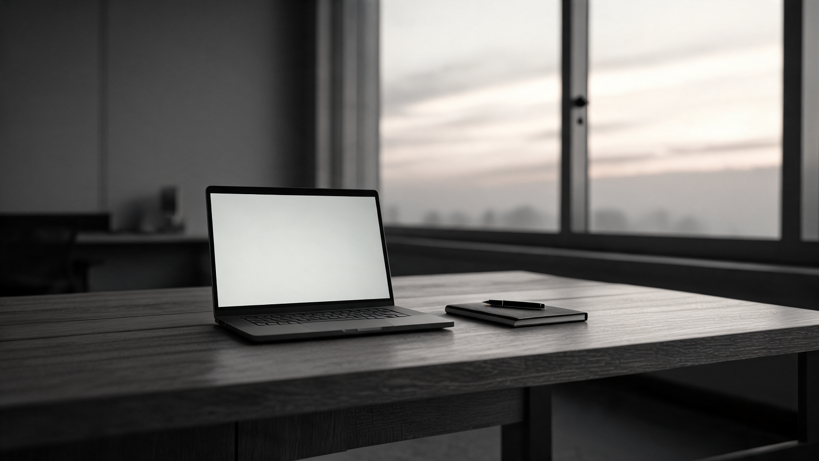 An open laptop on a bare desk at dawn, the screen glowing faintly in an empty office