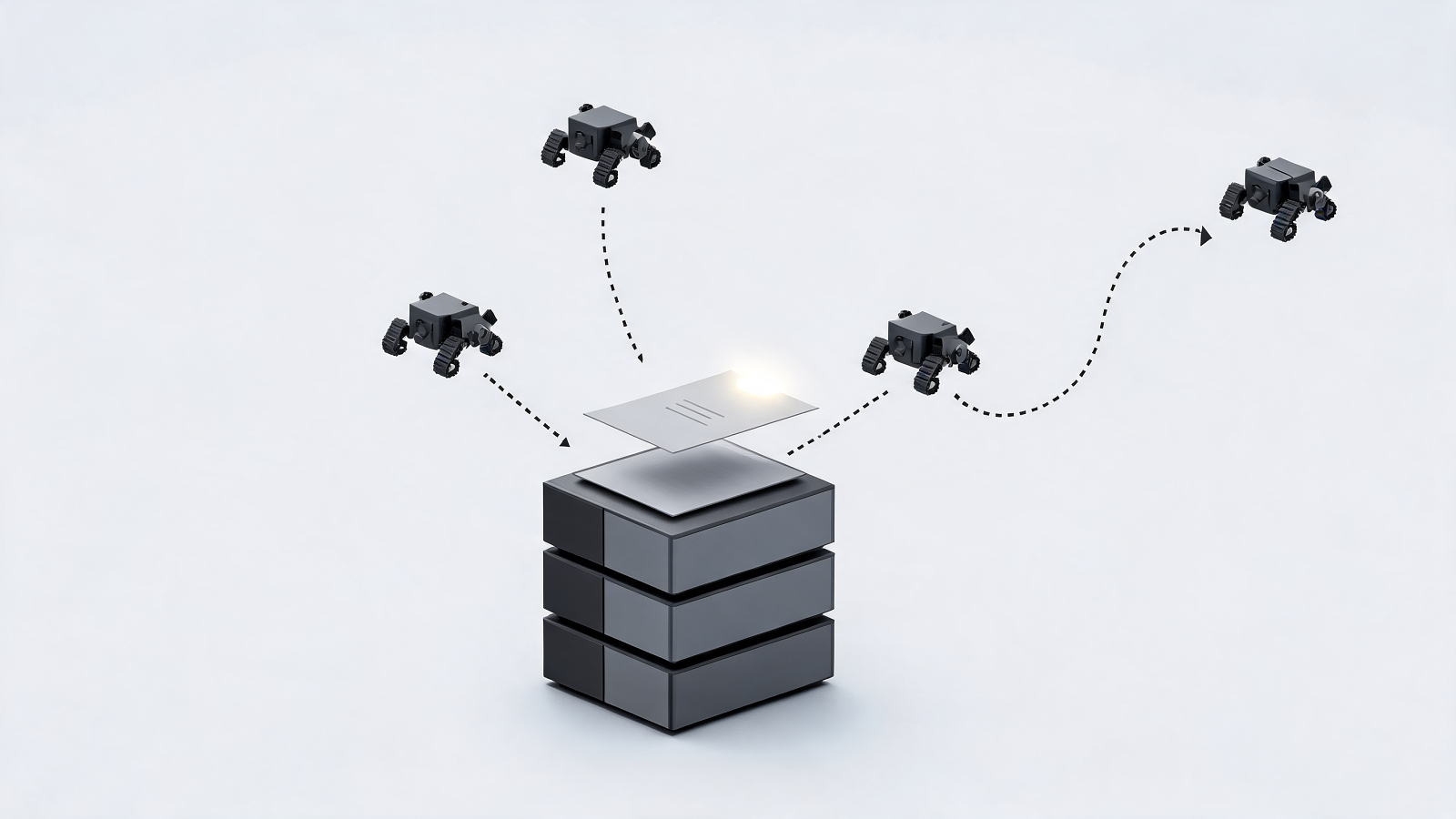 Isometric illustration of a single file at a domain root approached by crawler agents