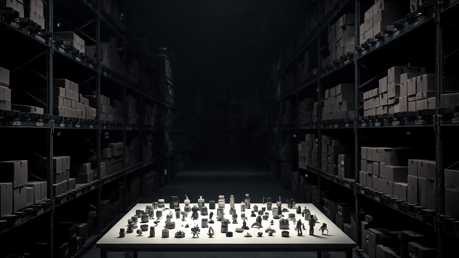 Forty selected objects on a lit table in front of a stockroom holding thousands of identical boxes