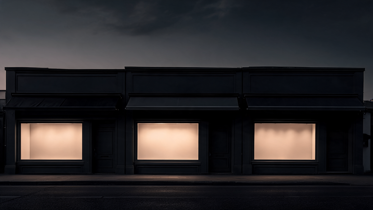 Three identical shop fronts of one brand side by side on a single street, each with its own doorway
