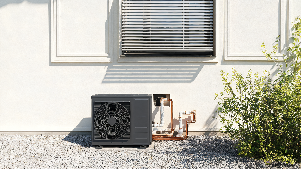 Unité extérieure de pompe à chaleur réversible installée sous une fenêtre équipée de brise-soleil orientables