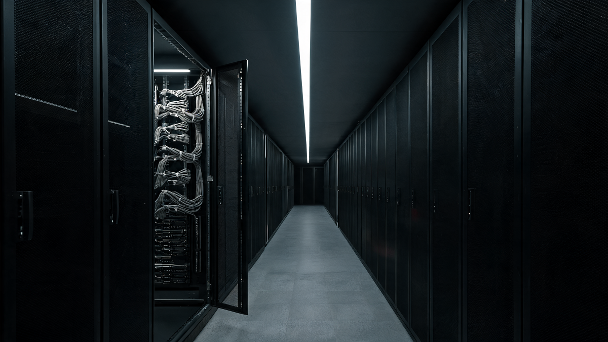 Server cabinets in a data centre corridor, where a read only web root blocks a plugin from writing llms.txt