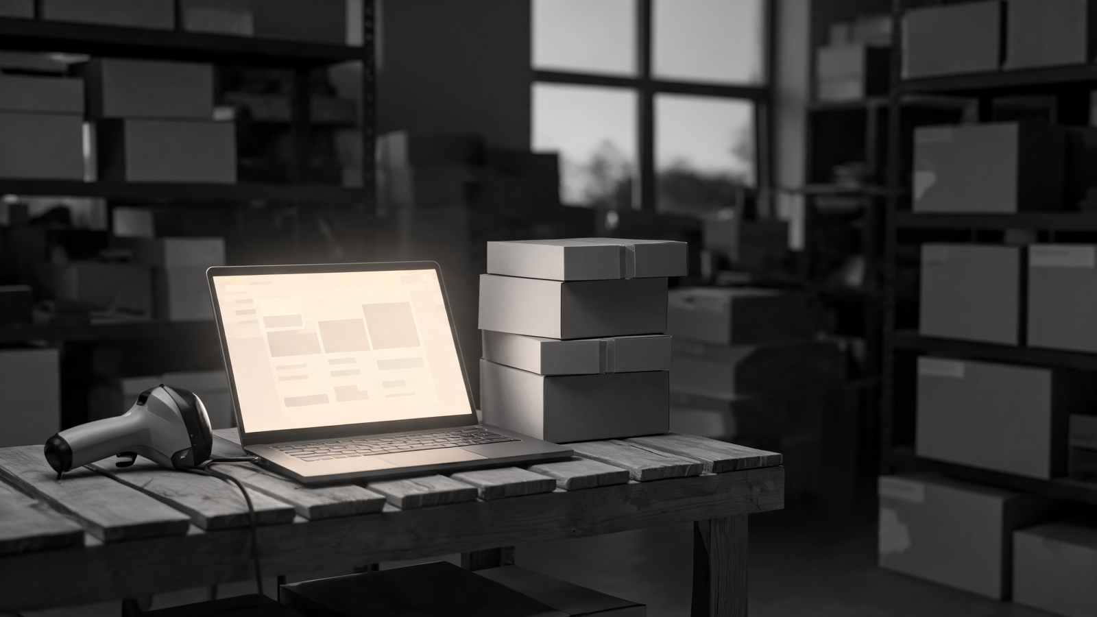 Shopify store stockroom with a laptop open on a packing bench beside product boxes