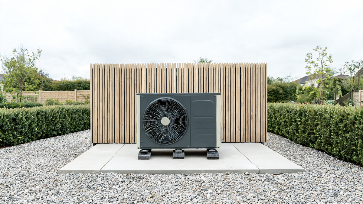 Unité extérieure de PAC air/air posée au sol sur plots antivibratiles derrière un écran acoustique