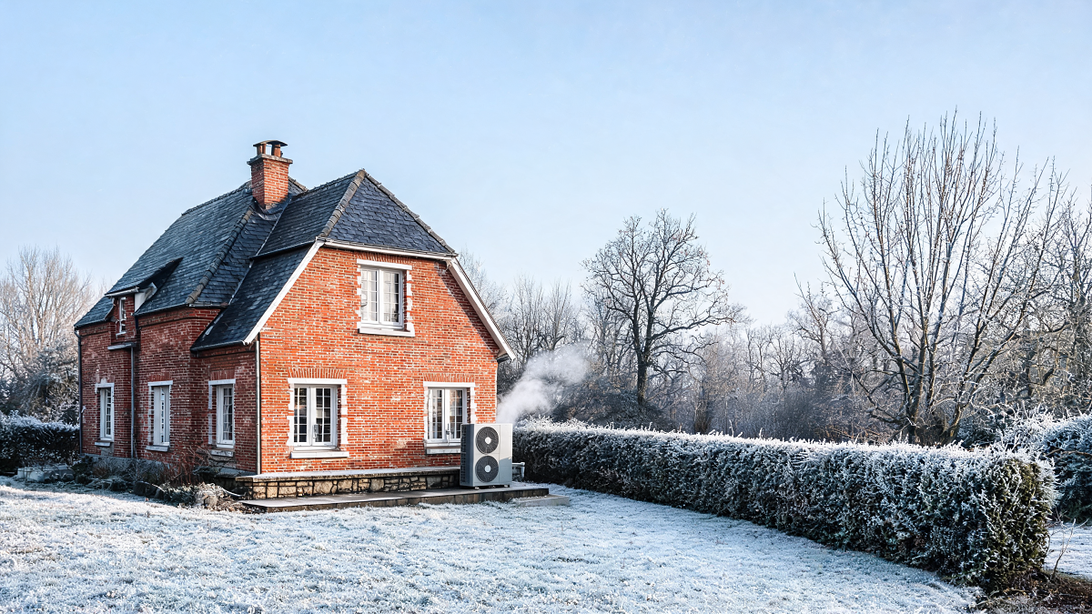 Maison en brique du nord de la France par temps de gel, avec une pompe à chaleur air/eau en fonctionnement en zone climatique H1