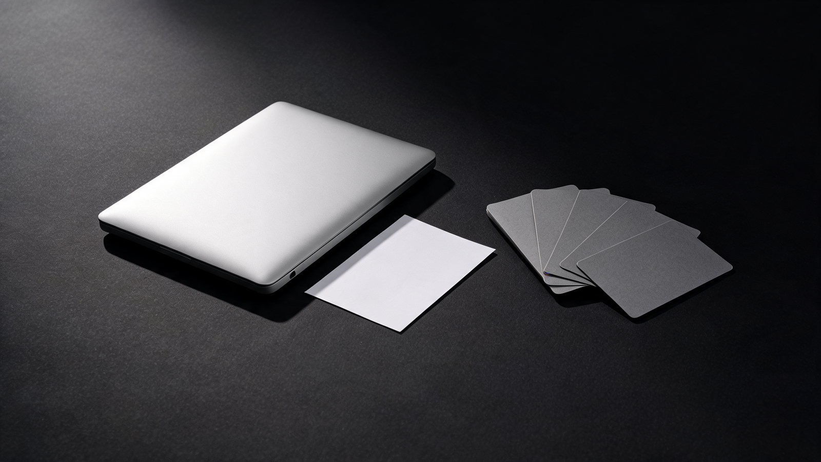 A closed laptop, a plain sheet of paper and four blank grey cards on a matte black desk