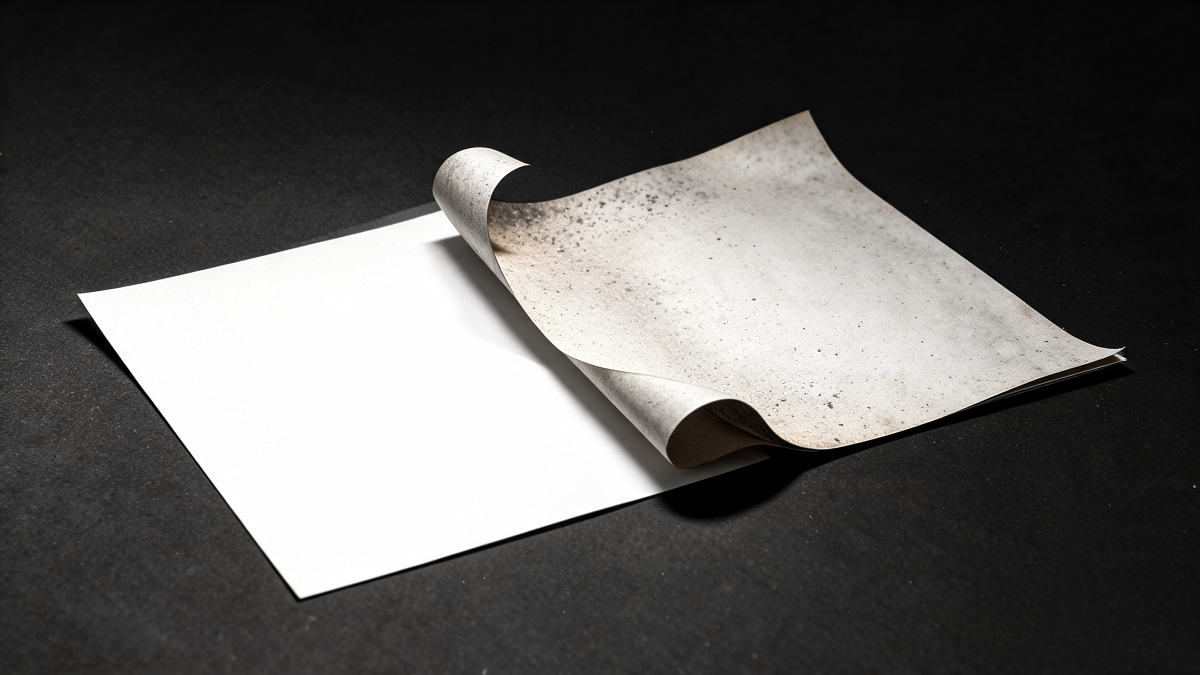Two overlapping blank sheets of paper, one crisp and one curled and yellowed, illustrating a stale uploaded file