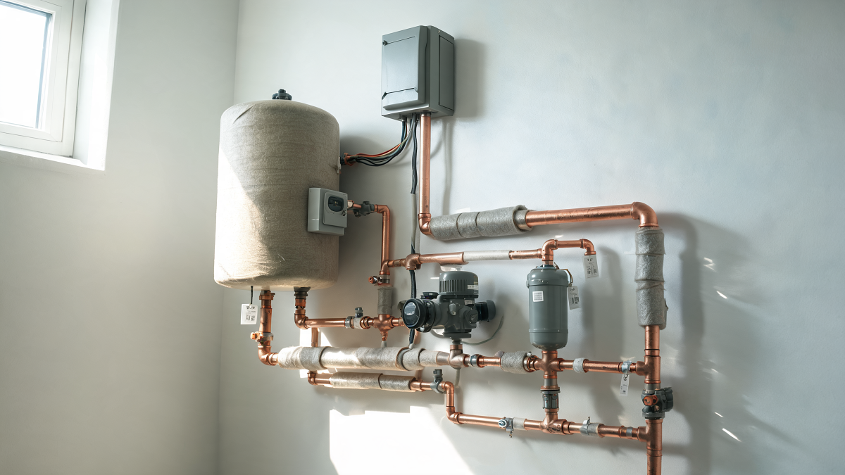 Module hydraulique intérieur d'une pompe à chaleur air/eau avec ballon tampon, circulateur et alimentation électrique dédiée