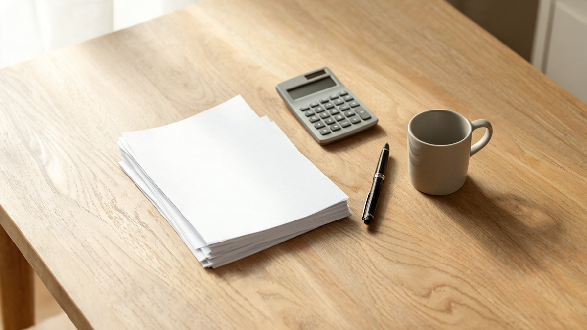 Calculatrice et documents de devis posés sur une table, pour estimer le reste à charge d'une pompe à chaleur