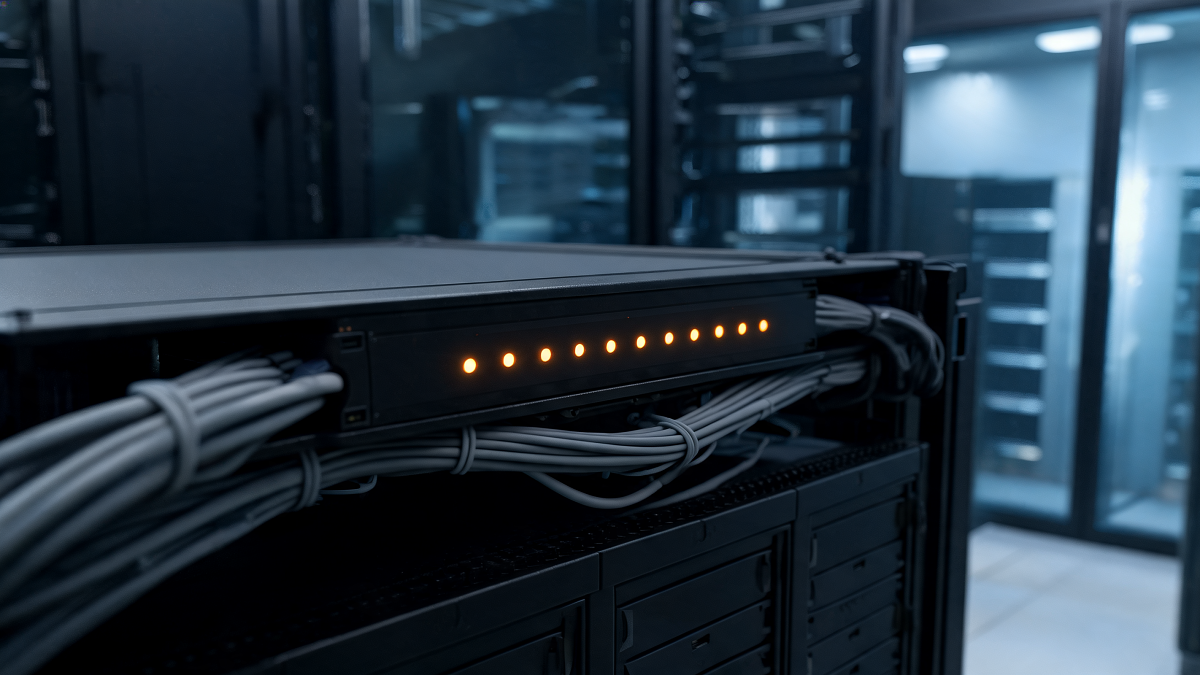 Baie de serveurs compacte dans une salle technique, voyants ambrés alignés