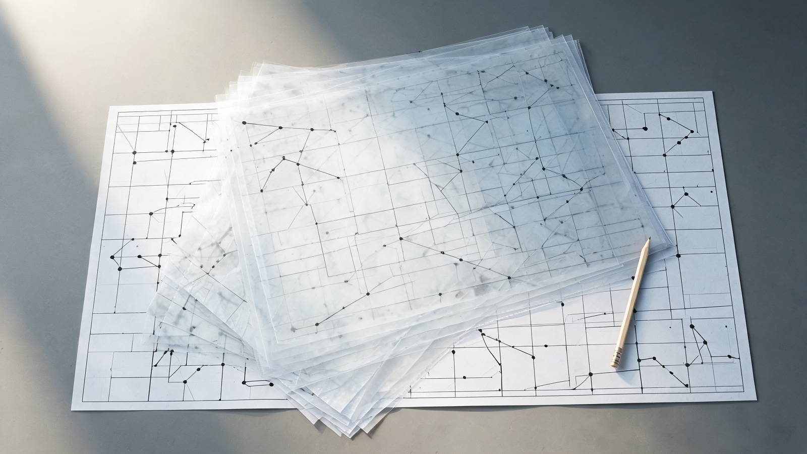 Layered translucent drafting sheets over a printed site map, the four layers of a content engineering platform