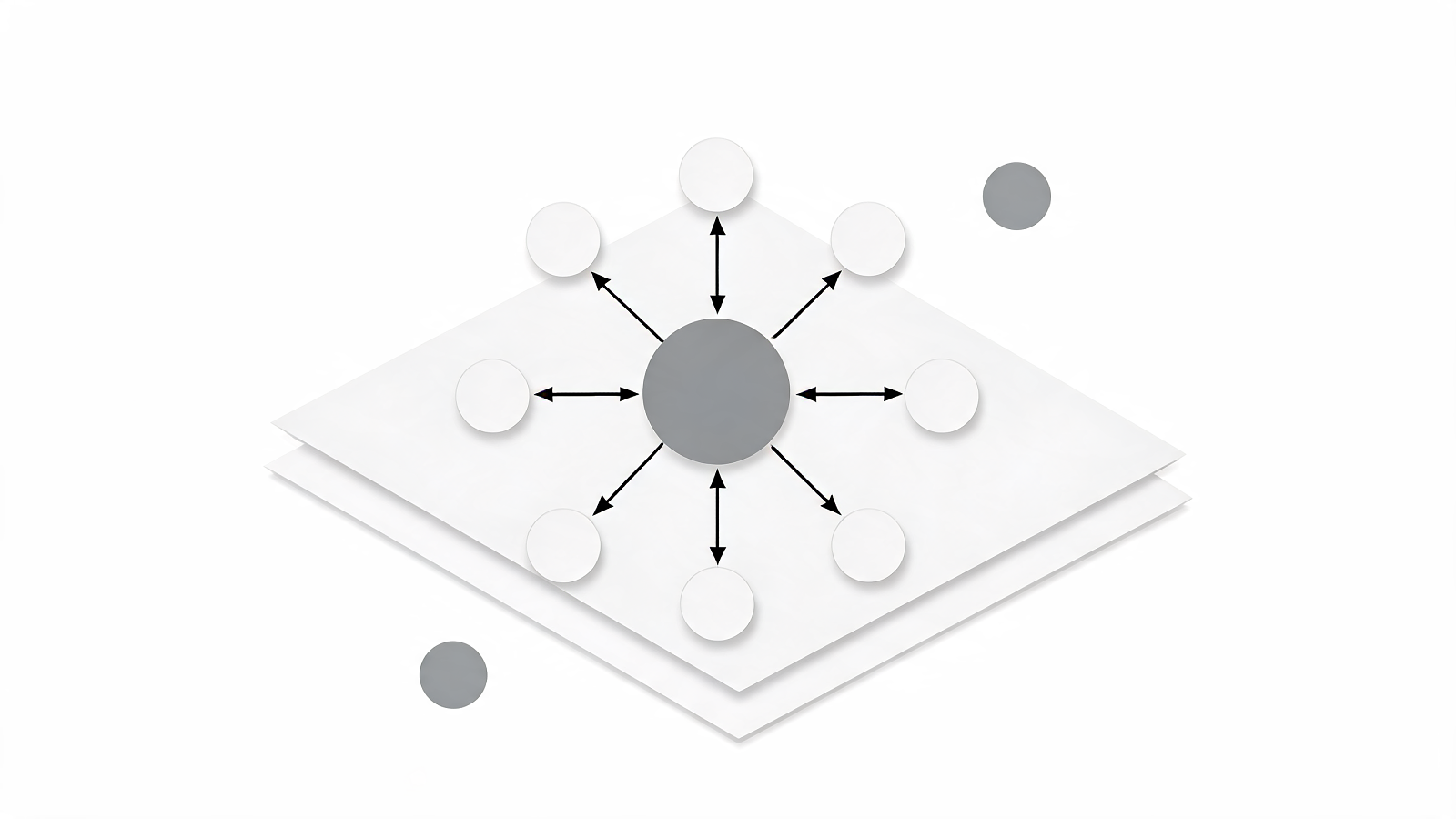 Isometric directed node graph of a website with a central hub, connected page nodes and drifting orphan pages