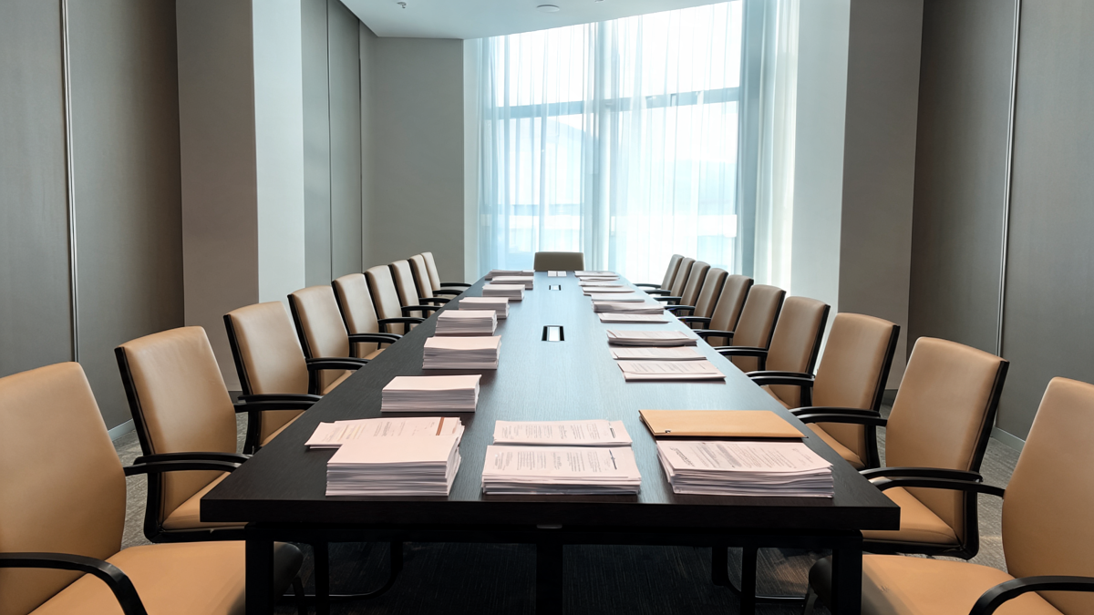 Salle de réunion de copropriété préparée pour une assemblée générale, bulletins de vote et devis de travaux sur la table